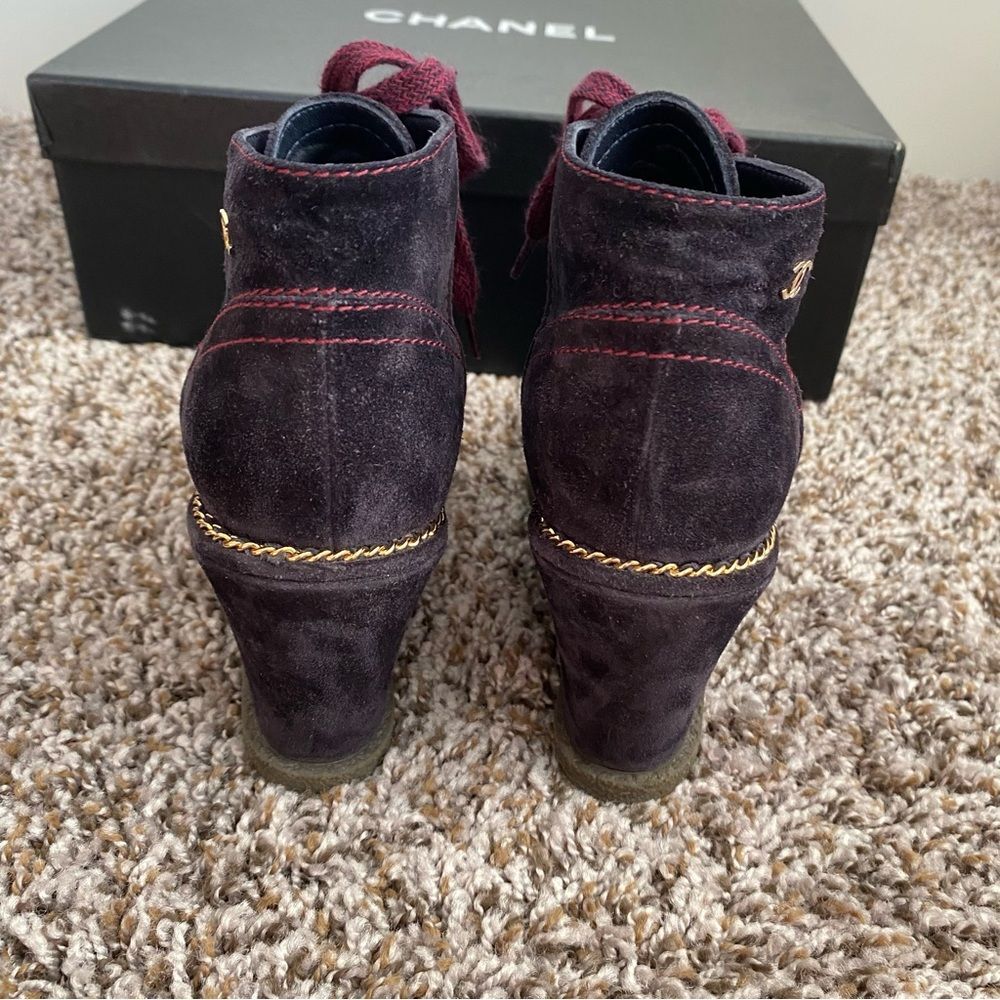 Chanel Lace Up Suede Calfskin Chain Wedge Booties - Picture 8 of 14